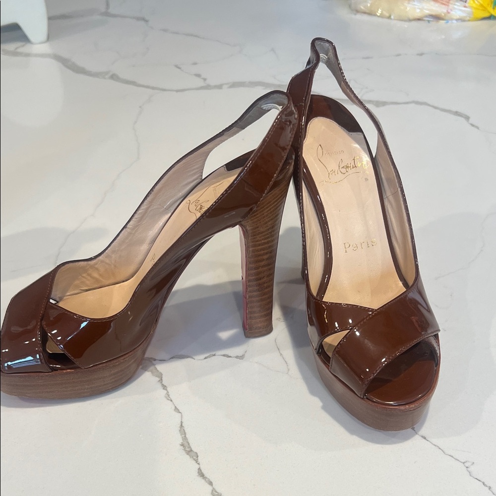 Christian Louboutin Platform Glossy Brown Slingback Heels